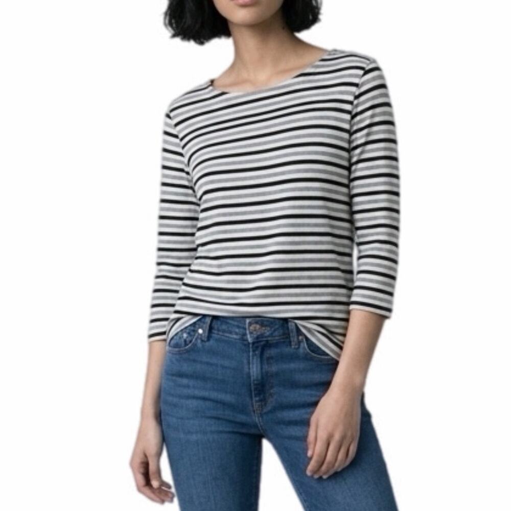 APNY Women’s Striped Top S Striped Black & White 3/4 Sleeve Button Back T-Shirt